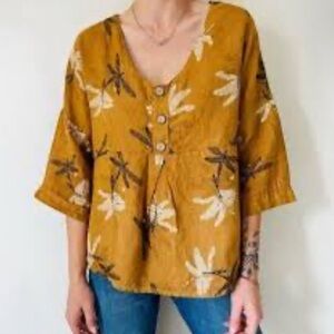 VIOLA BORGHI Linen Dragon Fly Print Pullover 3/4 Sleeve Top